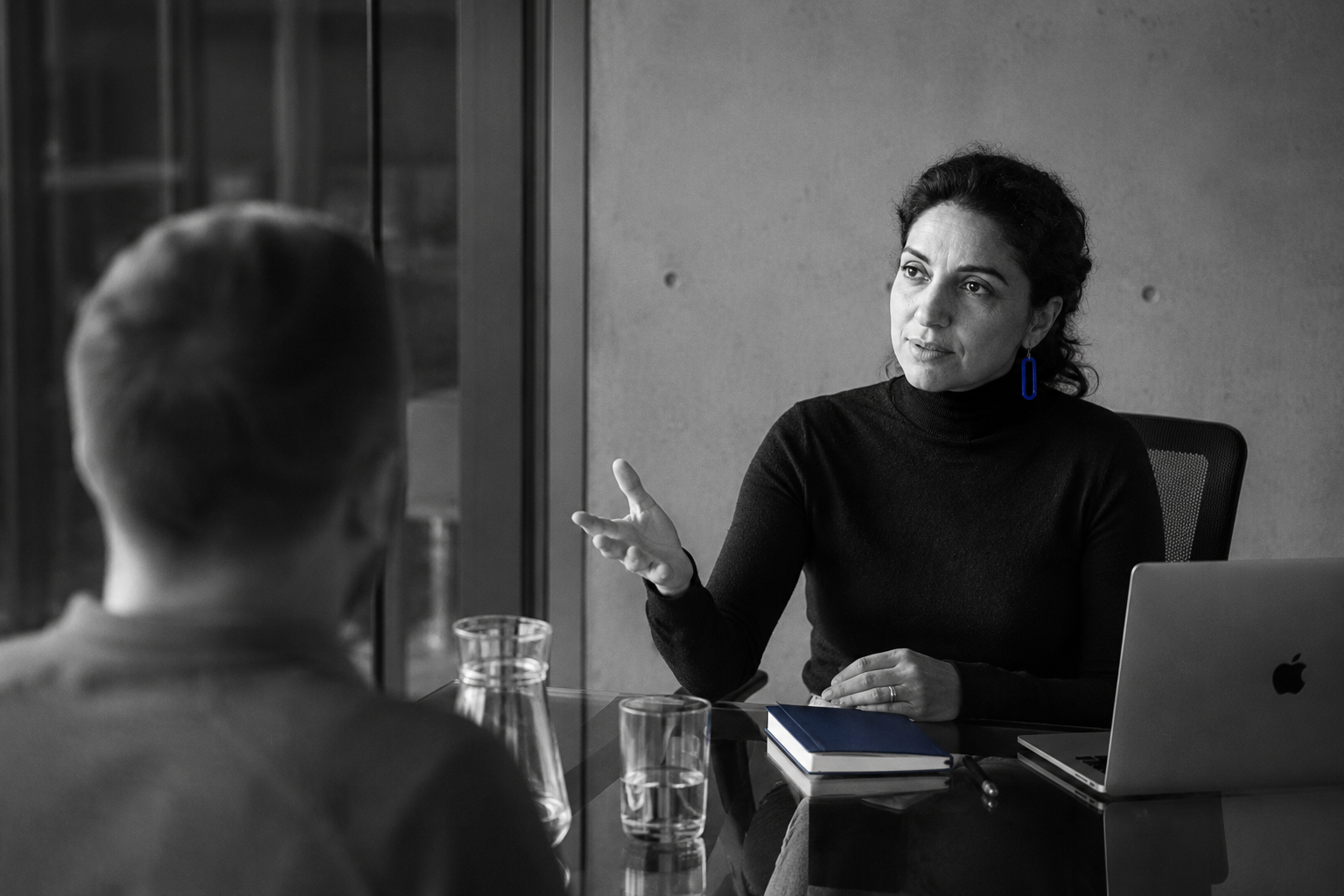 Petra Stavros mid-pitch gesturing across a glass meeting table, single cobalt notebook cover visible as the only colour accent