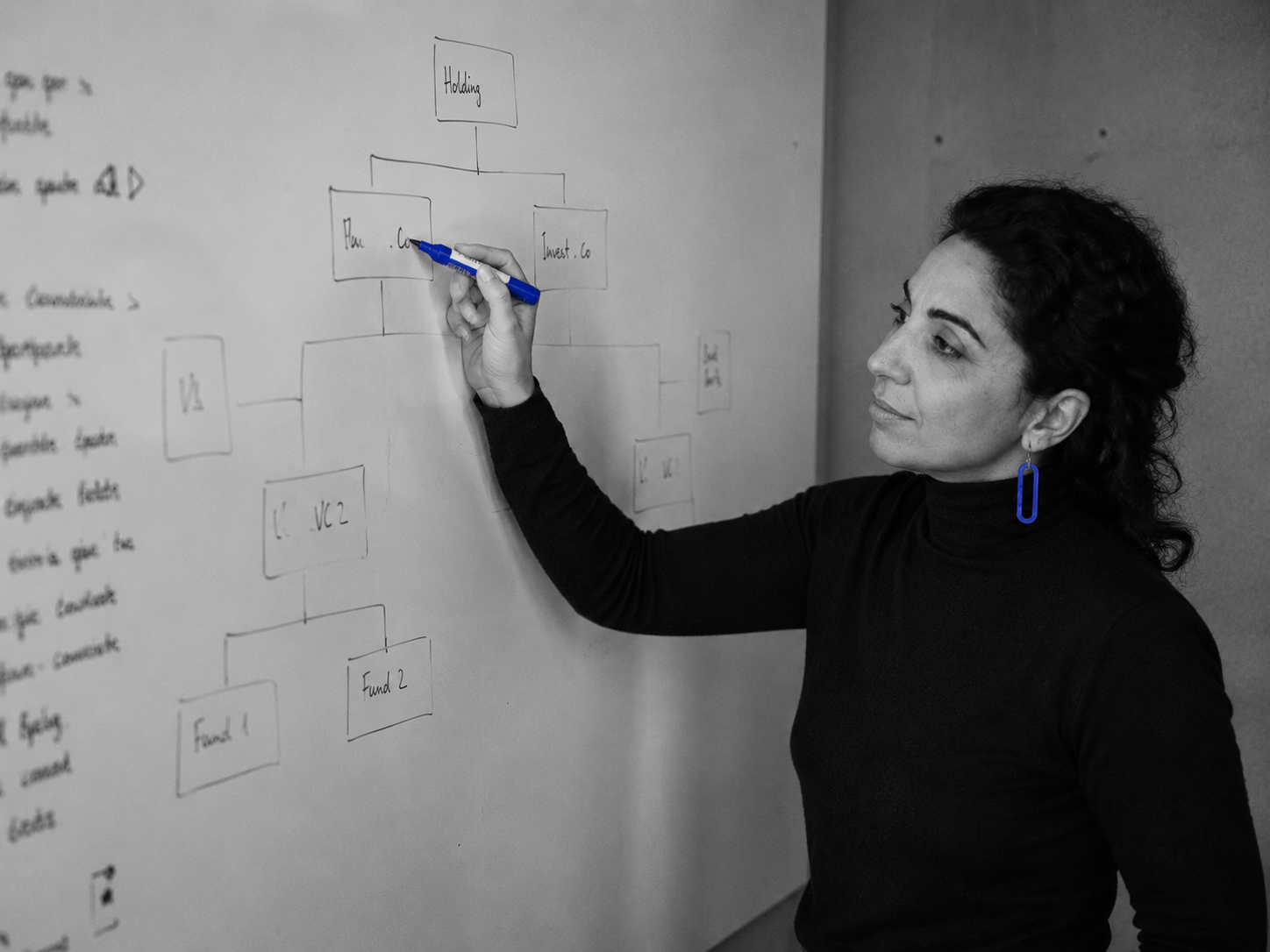 Large whiteboard mid-org-chart diagram, single hand mid-marker stroke, cobalt marker as only colour pop